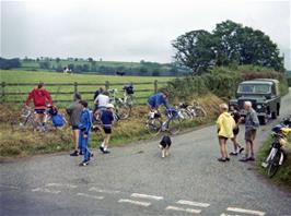 Antony's puncture at Way Mill, Butterleigh.  The whole group - except Don who was behind a bush for some reason