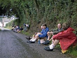 Lunch at Brithem Bottom, Ash Thomas.  Sitting in the drizzle are Phil Wrigley, Colin Brierly, Veronica Dixie, Frank Boyes (so shy), Antony House, Carl Jeffereys, John Stuart and Hassal-Man