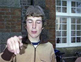 Exford youth hostel.  Don "borrowed" Michael's camera to take this unflattering photo of Michael telling him NOT to use his last photo, which he had reserved for a picture of the whole group.  "You are a Hassal … Hassals must be .. Exterminated!"