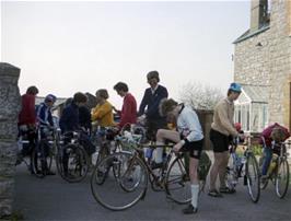 Assembling outside Cheddar youth hostel.  Keith, Laurence and Adrian in centre