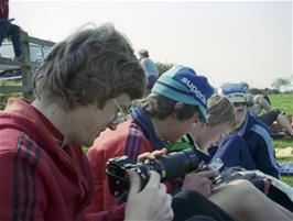 Lunch just south of Avonmouth. Philip Wrigley shows off his SLR camera, with Colin, Antony and Peter