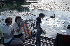 Sue Shepley and others by the lake at Stover Park