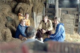 New rider Paul Nunn, Don, Colin, Michael and Val, sheltering in a barn near Moretonhampstead for lunch