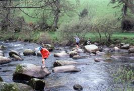 Colin, Antony and Mark crossing the Dart near Huccaby Bridge (requires confirmation)