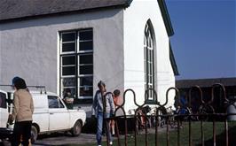 Preparing to leave Elmscott youth hostel on a cold, sunny morning.  Val, Mark and Nigel