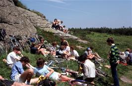 A very large group of cyclists from Exeter and Torbay meet at Blackingstone Rock