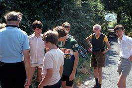 Colin Brierly, Darren Sharp, Simon Haly, Mark Moreton, Nigel Wilson, Frank Boyes and John Stuart, repairing Kevin's punctures in the lanes near Harberton