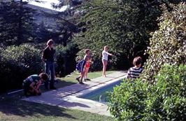 Mark, Kevin, Andrew Kitchen, Glenn, Andrew Presland and Simon Haly at Kevin's pool, Silver Birches, Ilsington