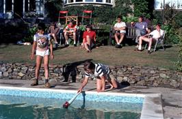 Richard Read, Nigel Wilson, Phil Wrigley, Mike Ward, Rob Spence, Mr Presland, John Stuart and Simon Haly enjoying Kevin's pool at Silver Birches, Ilsington