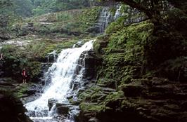 Jackie at the Sgwd Clun-gwyn waterfall