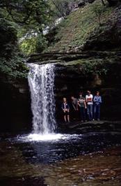 Matthew, John, Mark, Kevin and Nigel under the Sgwd Isaf Clun-gwyn waterfall