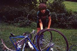 Mark repairs his soft tyre for the second time at North Bovey ford