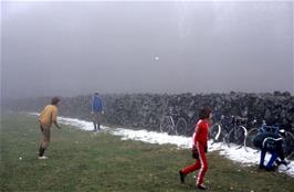 A snowball fight after lunch in the field near the Ten Commandments Stone, not far from Cold East Cross