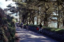 Mark, Kevin, Nigel and Val climbing the hill from Seaton towards the Monkey Sanctuary