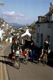 Jackie, Val and Nigel on the very steep climb of West Looe Hill