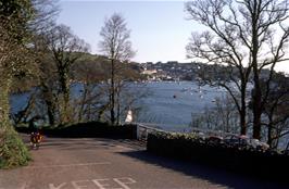 Jackie on the final descent to the Bodinnick Ferry, Fowey