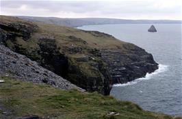 Fabulous sea views from Tintagel youth hostel past Higher Penhallic Point, with Gull Rock in the distance