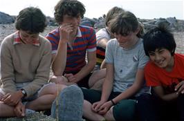 Some of our very naughty members pay their last respects to Michael's trainers, buried on Slapton Sands: Frances Lofty, Mike Ward, Kevin Presland, Kim Marshall and Richard Read