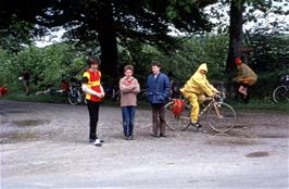 Lunch at the entrance to Woodburn Farm near Mark's Bridge, Ivybridge: Stephen Downer, Andrew Winstanley, Neil Pena and Richard Read