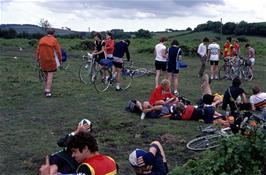 Exeter and Torbay Sections meet up for lunch on Mardon Down while Ken Strong positions his strange "Quarrantine Flags"