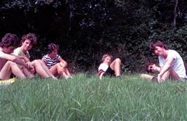 Mark M, Michael W, Frances, Kevin, John Pope and John Stuart in a field near Posbury Clump