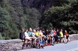 Group photo at Pont Aberglaslyn - the bridge over the Glaslyn river near the downstream end of the Pass of Aberglaslyn: Kevin, Frances, Jackie, Matthew, Mark, Glenn, Andrew W, Richard, Simon, John, (Justin), Stephen, Andrew B, Duncan and Jason