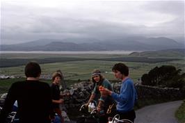 Andrew B, Simon, Jackie and Stephen take a well-earned rest on the steep climb out of Harlech, with views across Morfa Harlech nature reserve