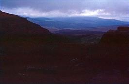 View to the Coed-y-Brenin forests around Bronaber, from the saddle of the Bwlch Tyddiad (underexposed)