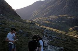 John S, Mark and Kevin approaching the basin of Llyn Cau.  Our path goes up to the rim on the left.