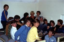 The group on top bunks in our dorm at Bridges youth hostel