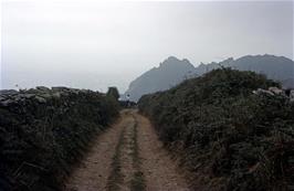 The track to a rather misty Maceley Cove, adjacent to Elender Cove, from the road near East Prawle