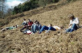 Lunch on a sunny bank just above Harcombe (Photo: Jean Brierly)