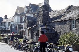 Wendy Luxton, Nigel Wilson and Rob Spence wait outside The Old Post Office, Tintagel while the others walk to the castle (Photo: Jean Brierly, Agfachrome transparency film)