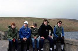 John Room, Duncan Scott, Andrew Winstanley, Michael Ward and John Stuart trying to keep warm on the Avon Dam