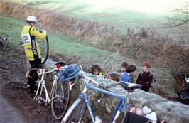 Duncan repairs a puncture at Gidley Bridge, near Dean Prior