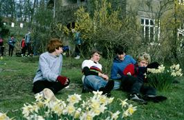 Relaxing on the lawn outside Holford youth hostel