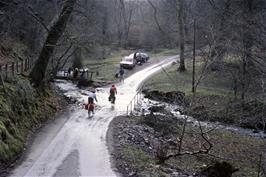 Andrew and Matthew tackle Cloutsham Ford, watched warily by John Stuart after his fall