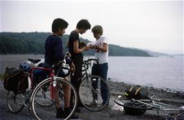 Richard, Andrew B and Duncan on the banks of Loch Lomond near Milarrochy