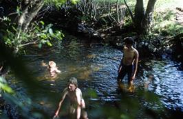 Adam, Matthew and Richard (in his cycling shorts) take an icy swim in the River Bovey near Lustleigh