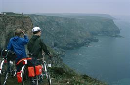 Martin Burrows and Steven Bowles admire the fabulous coastal scenery from North Cliffs, between Gwithian and Portreath, after the first rain of the tour.  Visible are Deadman's Cove and Navax Point