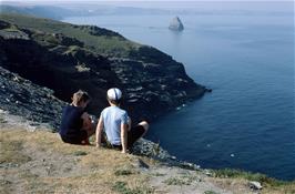 Jamie Spence and Steven Bowles enjoy the fabulous views to Gull Rock from Tintagel youth hostel