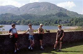 Richard, John, Simon and Julie by Loch Shiel with the Glenfinnan House Hotel behind