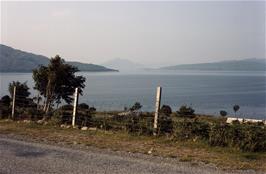 First view of Raasay in the distance from near Luib on Skye, with Scalpay on the right and the coast road to Sconser on the left