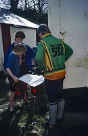 Julie, Matt and Graham work out today's route at Instow youth hostel (Photo: Jean Brierly, Agfachrome transparency film)