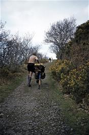 Colin climbs the coast path from Hunters Inn to Valley of the Rocks (Photo: Jean Brierly, Agfachrome transparency film)