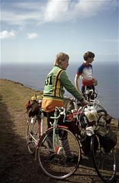 Graham and ? enjoy the spectacular views from the coast path to Valley of the Rocks (Photo: Jean Brierly, Agfachrome transparency film)