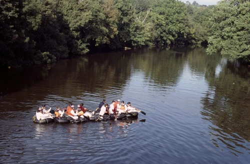 The Baco raft continues on towards Totnes from Staverton Bridge