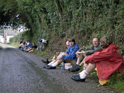 Lunch at Brithem Bottom, Ash Thomas. In the drizzle: Phil Wrigley, Colin Brierly, Veronica Dixie, Frank Boyes, Antony House, Carl Jefferys, John Stuart and Don Hassall.