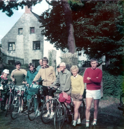 Group at the gates of Exford Youth Hostel. Left to right: Carl, Robert, John, Colin, Michael, Antony, Frank, Jean, Don.